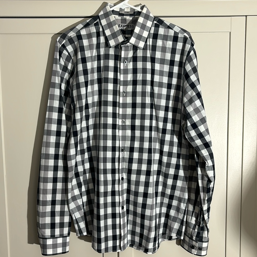 Express fitted black checkered dress shirt